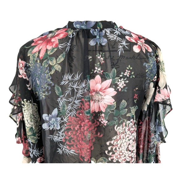 VICTORIAN Dark Fairy Blouse Top MEDIUM Black Floral Button Up Ruffles Excellent - Picture 12 of 14